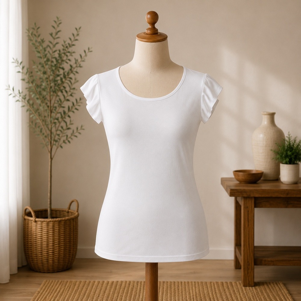 NWT T Tahari Ruffle Cap Sleeve Top Womens Size M White Crew Neck‎ Blouse